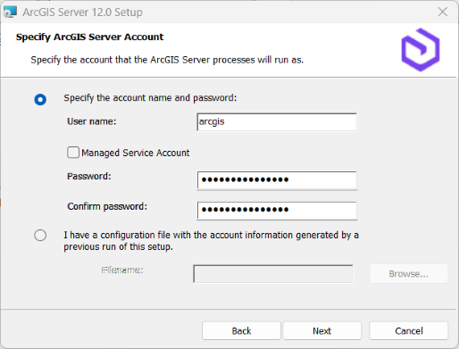 Specify the ArcGIS Server account.